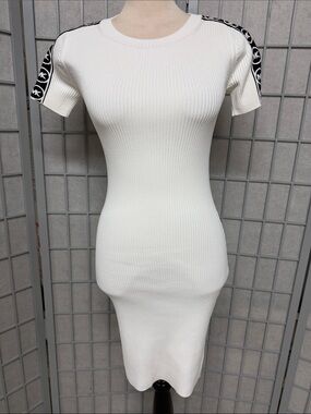 Michael Kors White Ribbed Short Sleeve Midi Dress with Black Logo Shoulder Tape